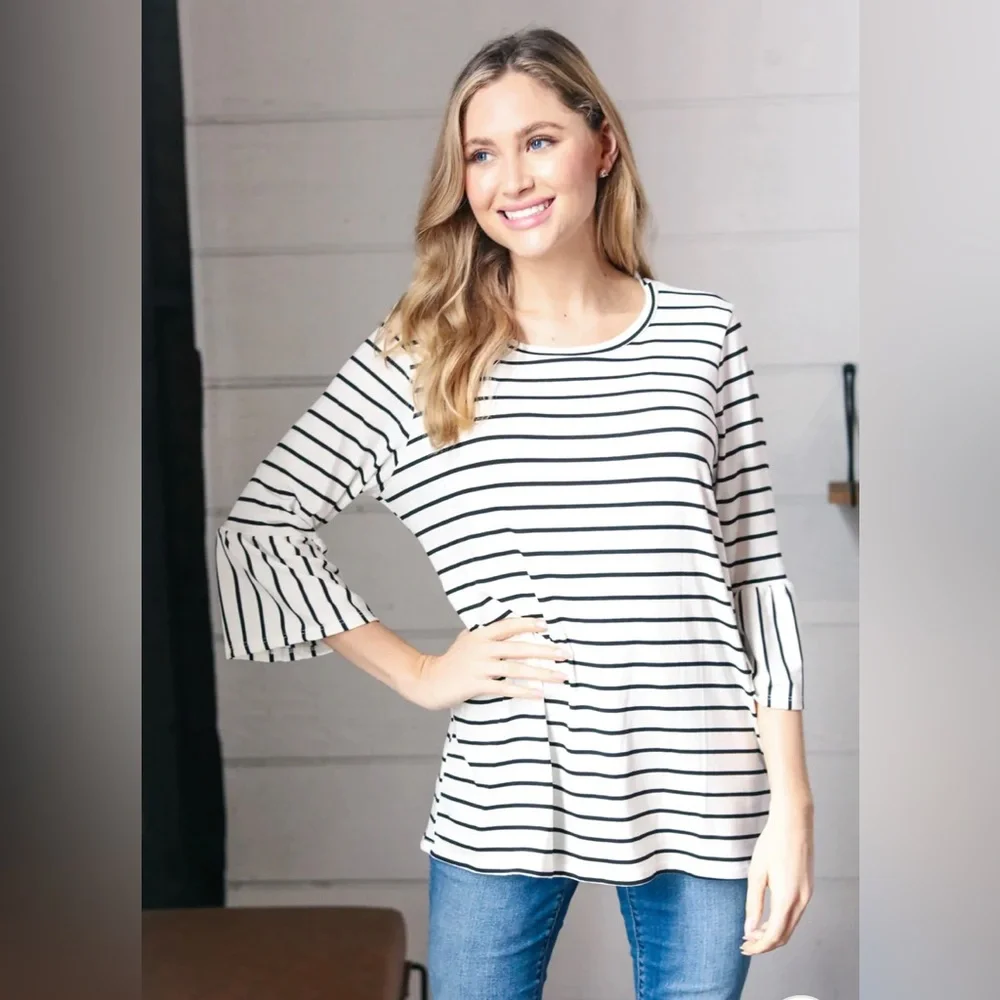 PLUS Ivory Black Neck Yarn Dye Stripe Elbow Bell Sleeve Top - Picture 6 of 7